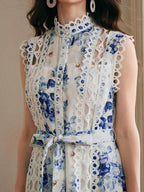 Anewsta Vestido Longo de Férias com Estampa Floral Azul, Gola Mandarim, Sem Mangas, Delicado Recorte de Renda Vazada, Nova Chegada Primavera/Verão para Mulheres