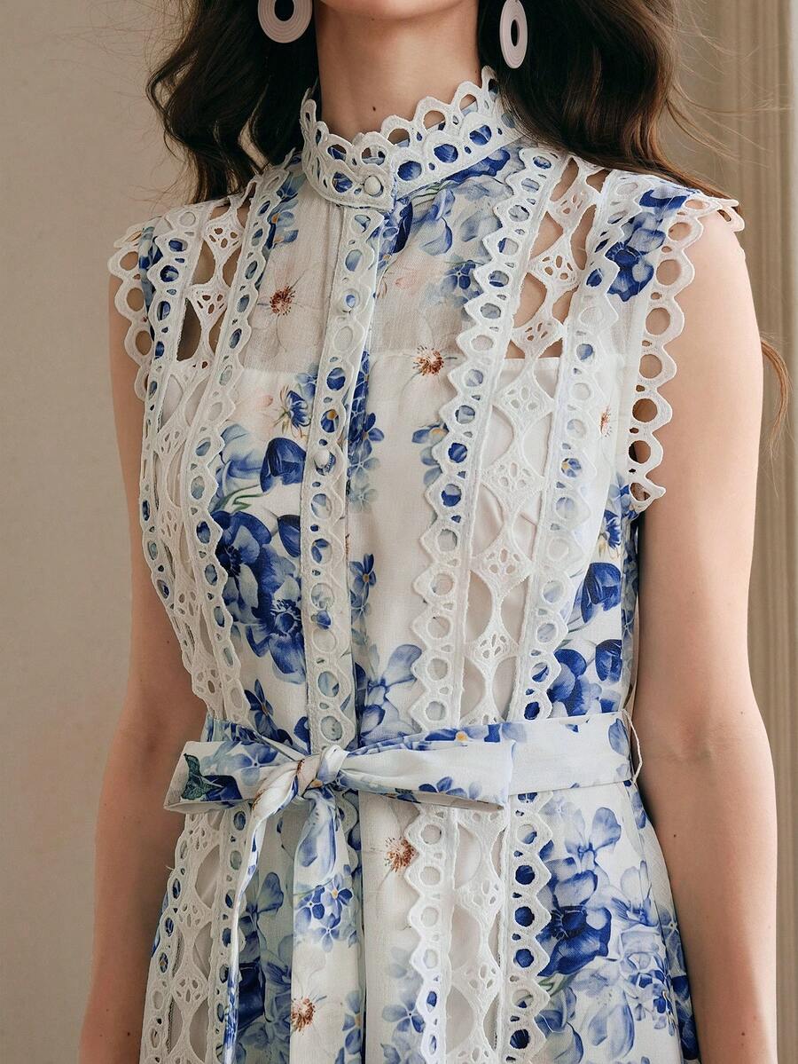 Anewsta Vestido Longo de Férias com Estampa Floral Azul, Gola Mandarim, Sem Mangas, Delicado Recorte de Renda Vazada, Nova Chegada Primavera/Verão para Mulheres