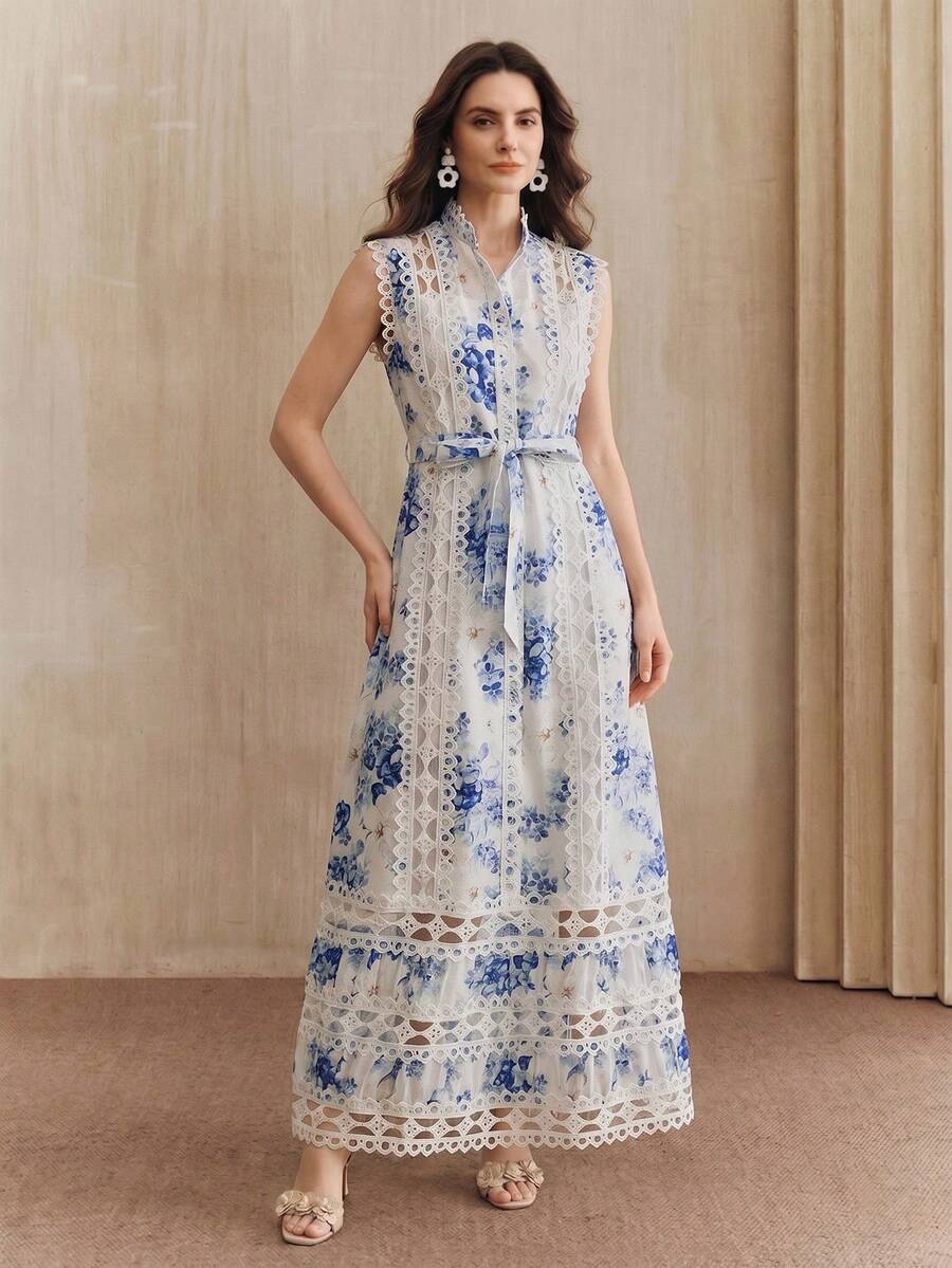 Anewsta Vestido Longo de Férias com Estampa Floral Azul, Gola Mandarim, Sem Mangas, Delicado Recorte de Renda Vazada, Nova Chegada Primavera/Verão para Mulheres