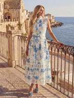 Anewsta Vestido Longo de Férias com Estampa Floral Azul, Gola Mandarim, Sem Mangas, Delicado Recorte de Renda Vazada, Nova Chegada Primavera/Verão para Mulheres