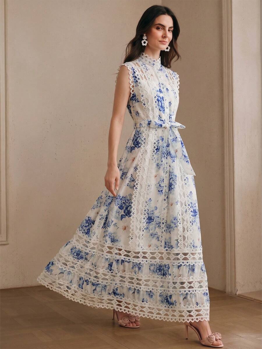 Anewsta Vestido Longo de Férias com Estampa Floral Azul, Gola Mandarim, Sem Mangas, Delicado Recorte de Renda Vazada, Nova Chegada Primavera/Verão para Mulheres