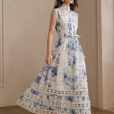 Vestido Longo Floral Azul com Gola Mandarim