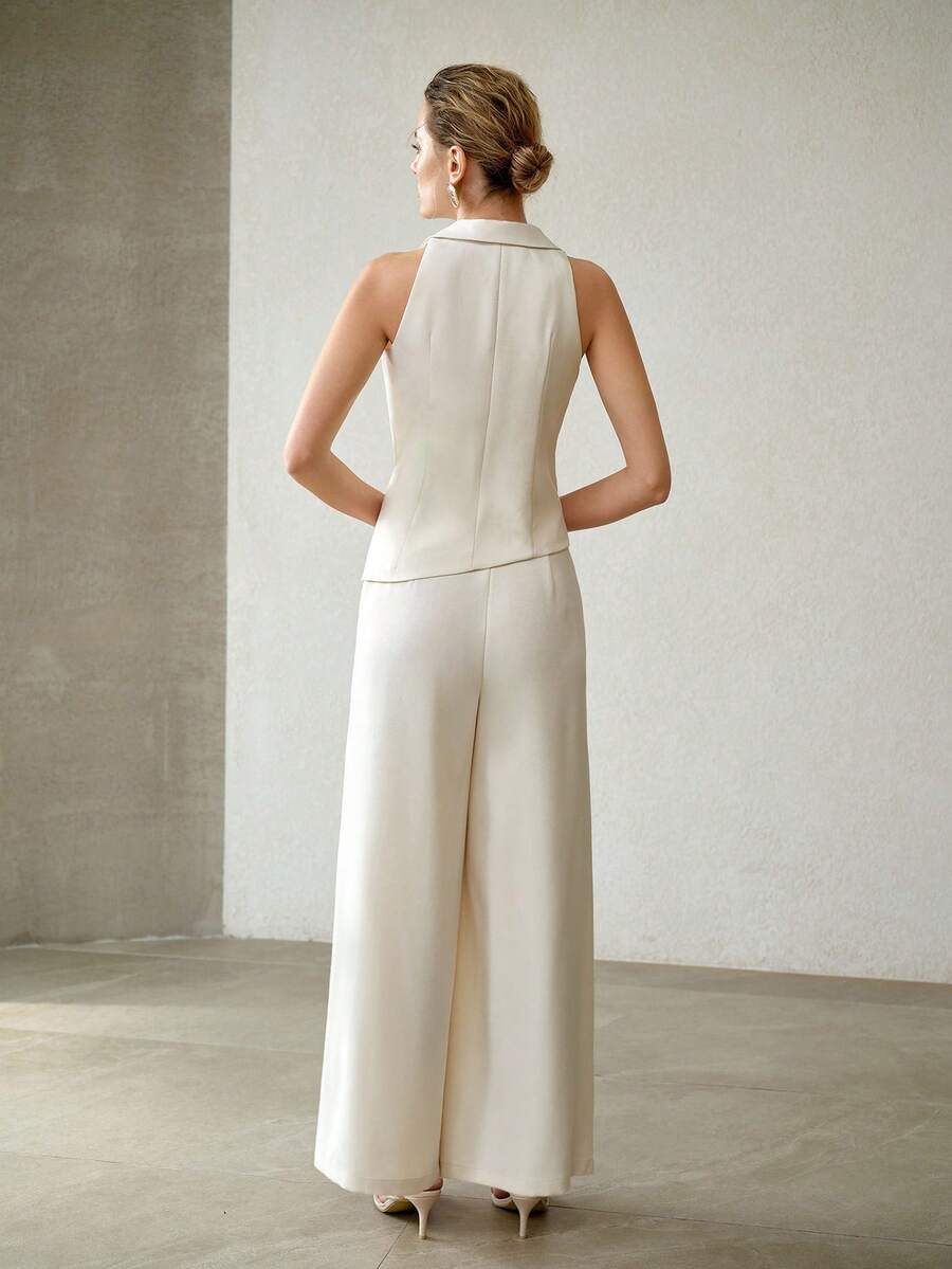 MOTF PREMIUM 2 PEÇAS CONJUNTO DE COLETE AJUSTADO DE COLARINHO DE TERNO E CALÇA PANTALONA DE PERNA LARGA COM PREGAS DOBRADAS, PRIMAVERA/VERÃO