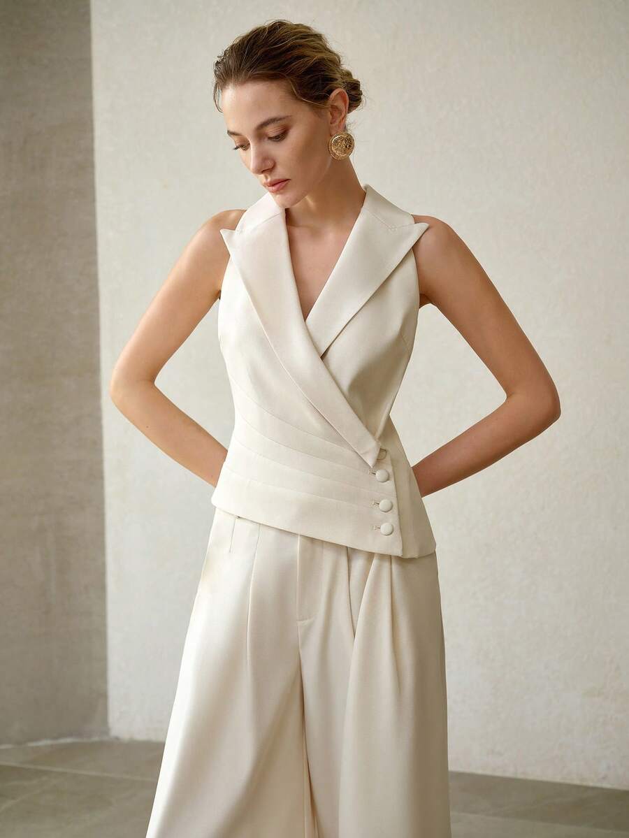 MOTF PREMIUM 2 PEÇAS CONJUNTO DE COLETE AJUSTADO DE COLARINHO DE TERNO E CALÇA PANTALONA DE PERNA LARGA COM PREGAS DOBRADAS, PRIMAVERA/VERÃO