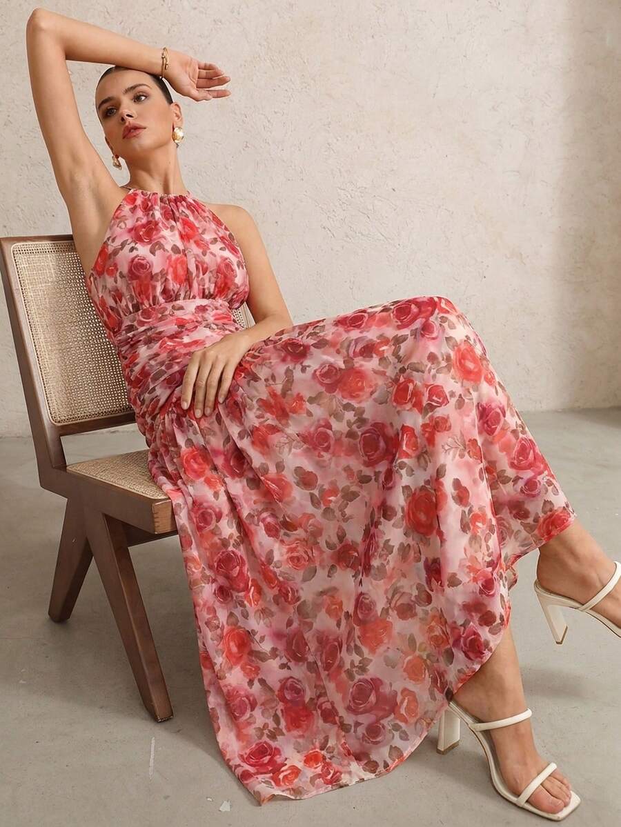 BELROSIE Vestido Floral Drapeado Assimétrico Sem Mangas Elegante e Romântico, Versátil para Férias, Sexy Decote Nas Costas, Estilo Boho Fashionável para o Verão