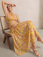 BELROSIE Vestido Floral Drapeado Assimétrico Sem Mangas Elegante e Romântico, Versátil para Férias, Sexy Decote Nas Costas, Estilo Boho Fashionável para o Verão