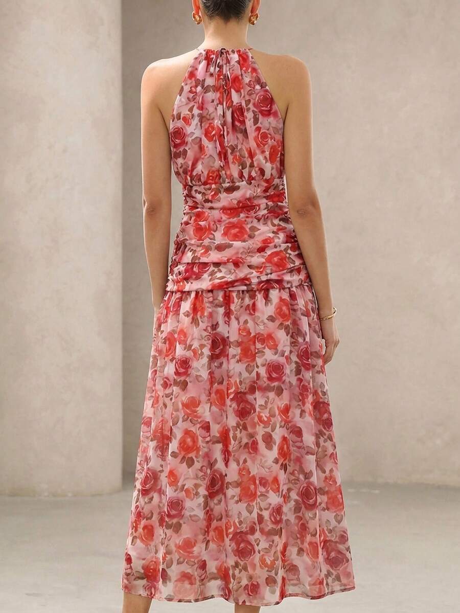 BELROSIE Vestido Floral Drapeado Assimétrico Sem Mangas Elegante e Romântico, Versátil para Férias, Sexy Decote Nas Costas, Estilo Boho Fashionável para o Verão