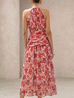 BELROSIE Vestido Floral Drapeado Assimétrico Sem Mangas Elegante e Romântico, Versátil para Férias, Sexy Decote Nas Costas, Estilo Boho Fashionável para o Verão
