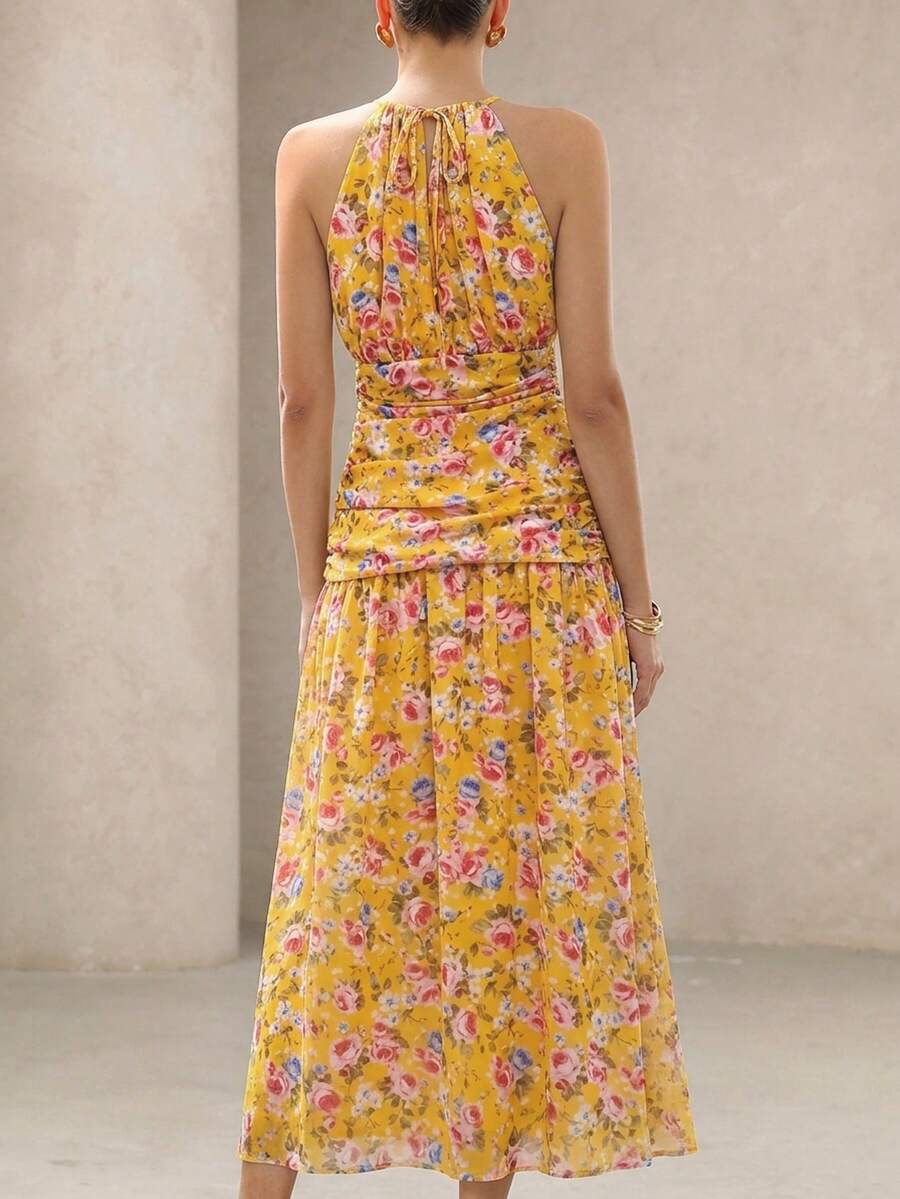 BELROSIE Vestido Floral Drapeado Assimétrico Sem Mangas Elegante e Romântico, Versátil para Férias, Sexy Decote Nas Costas, Estilo Boho Fashionável para o Verão
