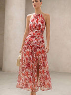 BELROSIE Vestido Floral Drapeado Assimétrico Sem Mangas Elegante e Romântico, Versátil para Férias, Sexy Decote Nas Costas, Estilo Boho Fashionável para o Verão