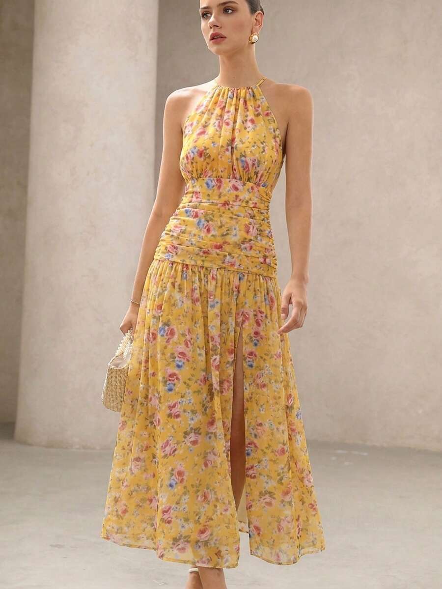 BELROSIE Vestido Floral Drapeado Assimétrico Sem Mangas Elegante e Romântico, Versátil para Férias, Sexy Decote Nas Costas, Estilo Boho Fashionável para o Verão