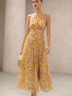 BELROSIE Vestido Floral Drapeado Assimétrico Sem Mangas Elegante e Romântico, Versátil para Férias, Sexy Decote Nas Costas, Estilo Boho Fashionável para o Verão