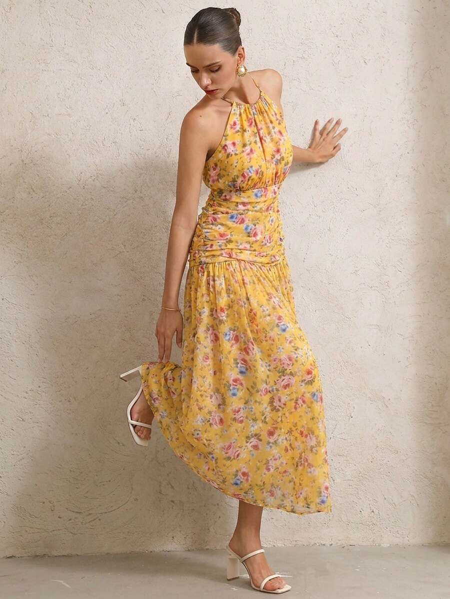 BELROSIE Vestido Floral Drapeado Assimétrico Sem Mangas Elegante e Romântico, Versátil para Férias, Sexy Decote Nas Costas, Estilo Boho Fashionável para o Verão