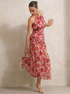 BELROSIE Vestido Floral Drapeado Assimétrico Sem Mangas Elegante e Romântico, Versátil para Férias, Sexy Decote Nas Costas, Estilo Boho Fashionável para o Verão