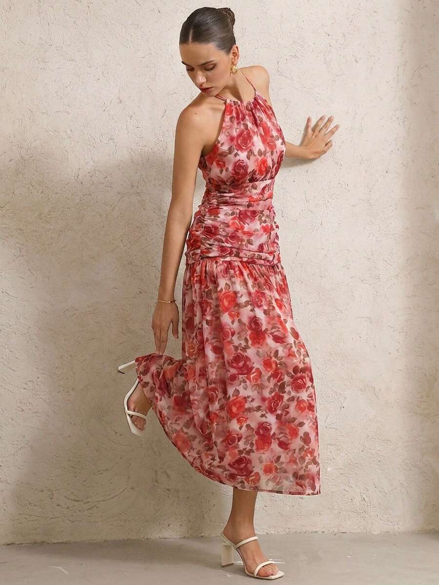 BELROSIE Vestido Floral Drapeado Assimétrico Sem Mangas Elegante e Romântico, Versátil para Férias, Sexy Decote Nas Costas, Estilo Boho Fashionável para o Verão