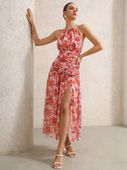 BELROSIE Vestido Floral Drapeado Assimétrico Sem Mangas Elegante e Romântico, Versátil para Férias, Sexy Decote Nas Costas, Estilo Boho Fashionável para o Verão