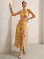 BELROSIE Vestido Floral Drapeado Assimétrico Sem Mangas Elegante e Romântico, Versátil para Férias, Sexy Decote Nas Costas, Estilo Boho Fashionável para o Verão