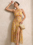 BELROSIE Vestido Floral Drapeado Assimétrico Sem Mangas Elegante e Romântico, Versátil para Férias, Sexy Decote Nas Costas, Estilo Boho Fashionável para o Verão