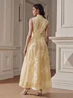 Anewsta Vestido Cheongsam Melhorado com Cintura Marcada, Gola Padre Amarela e Bordado de Renda para Mulheres, Primavera/Verão