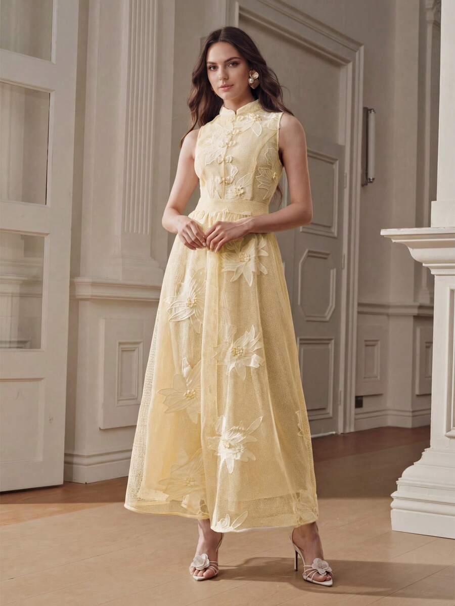 Anewsta Vestido Cheongsam Melhorado com Cintura Marcada, Gola Padre Amarela e Bordado de Renda para Mulheres, Primavera/Verão
