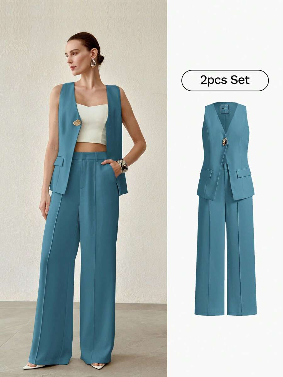 MOTF PREMIUM CONJUNTO DE COLETE SEM MANGAS E CALÇA COM COSTURA FRONTAL PARA MULHERES, CONJUNTO DE DUAS PEÇAS