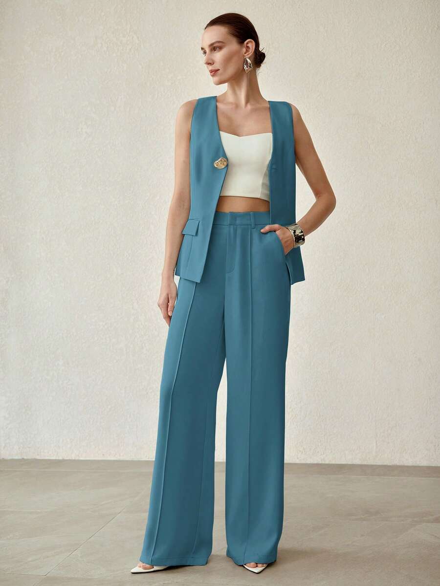 MOTF PREMIUM CONJUNTO DE COLETE SEM MANGAS E CALÇA COM COSTURA FRONTAL PARA MULHERES, CONJUNTO DE DUAS PEÇAS