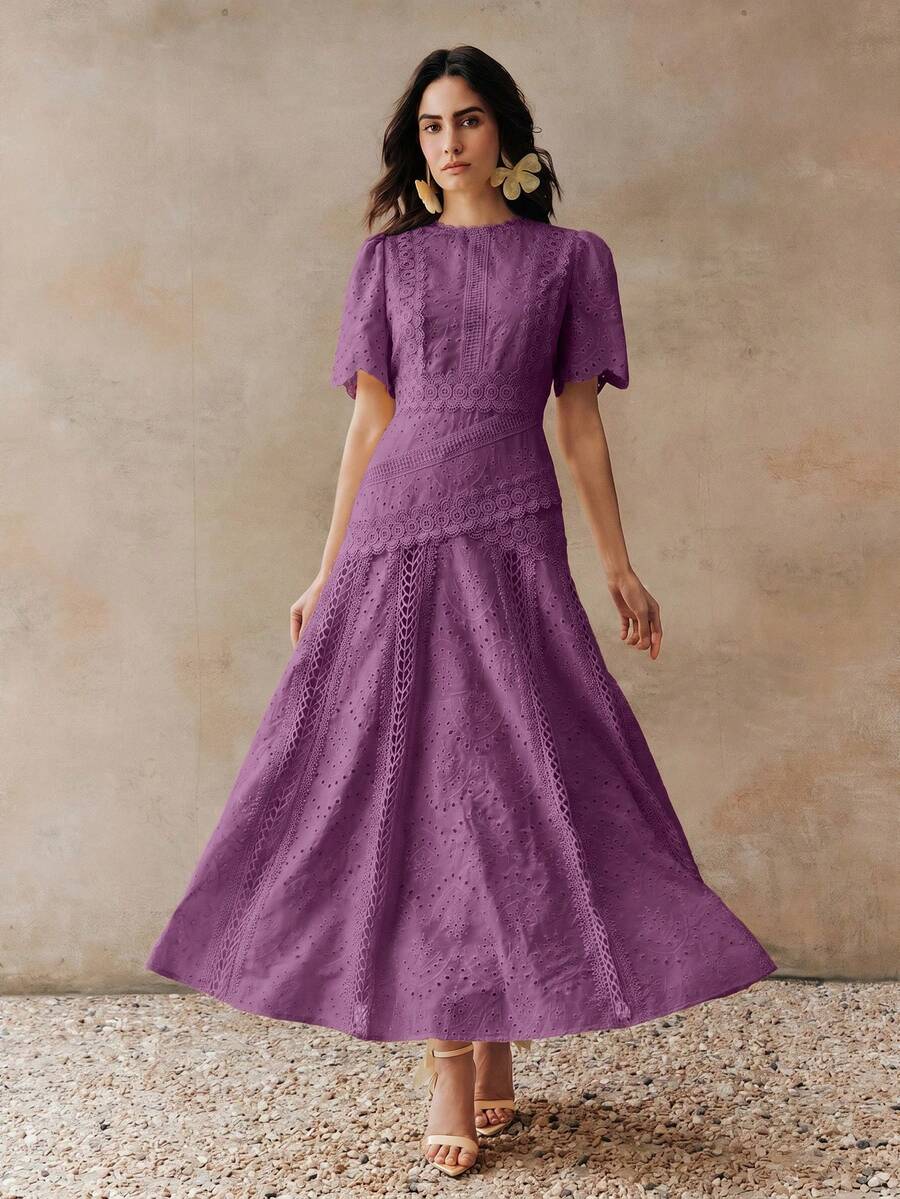 Vestido Longo com Manga Bufante e Laço na Cintura