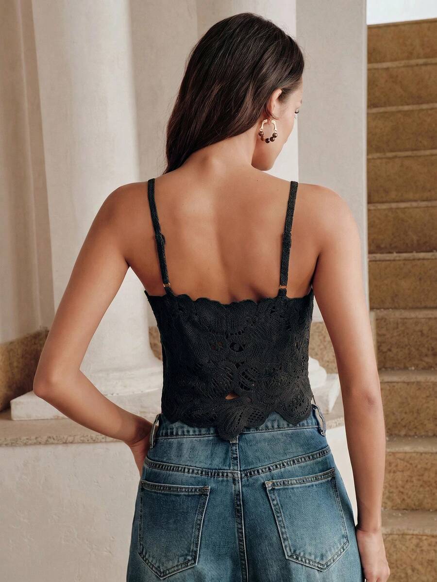 Anewsta Regata Romântica Ajustada Curta com Padrão Floral Vazado em Crochê Feminina, Verão