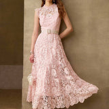Vestido Longo de Renda Floral Rosa Chiclete