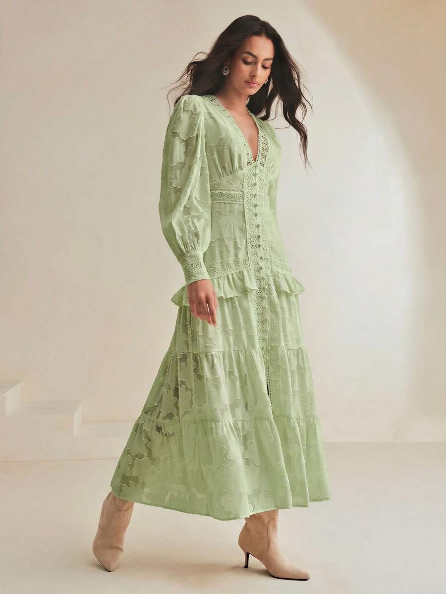 Vestido Longo Francês com Decote em V e Manga Bufante