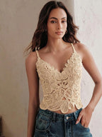 Anewsta Regata Romântica Ajustada Curta com Padrão Floral Vazado em Crochê Feminina, Verão
