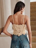 Anewsta Regata Romântica Ajustada Curta com Padrão Floral Vazado em Crochê Feminina, Verão