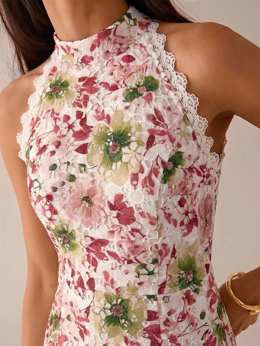 Vestido Midi Bodycon Sem Mangas com Estampa Floral