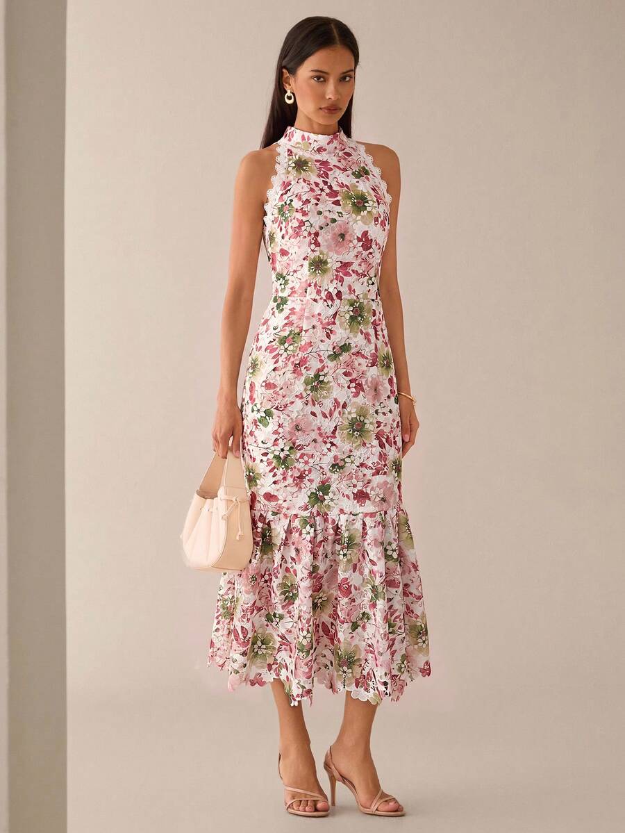 Vestido Midi Bodycon Sem Mangas com Estampa Floral