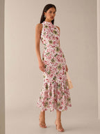 Vestido Midi Bodycon Sem Mangas com Estampa Floral