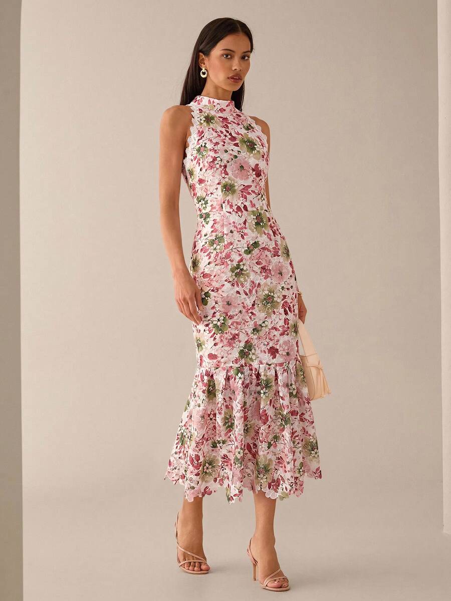 Vestido Midi Bodycon Sem Mangas com Estampa Floral