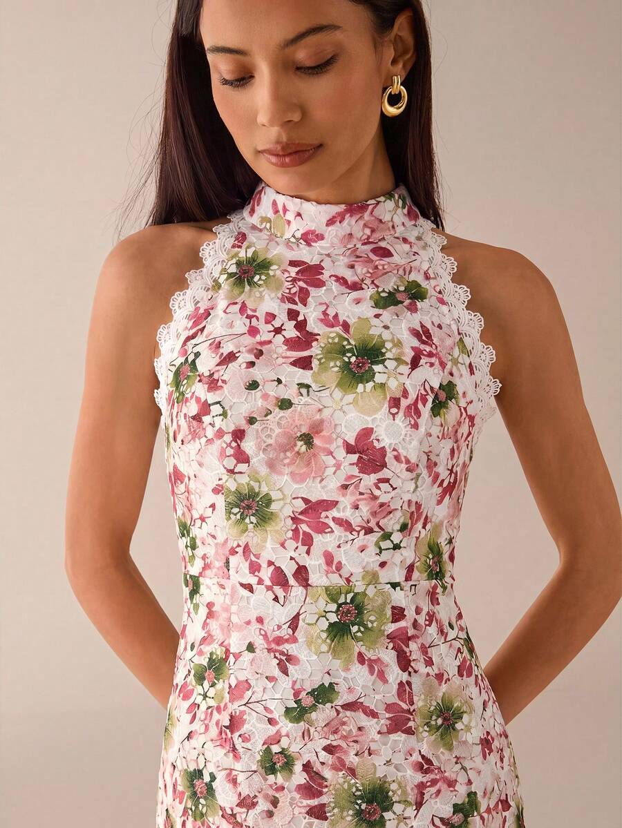 Vestido Midi Bodycon Sem Mangas com Estampa Floral