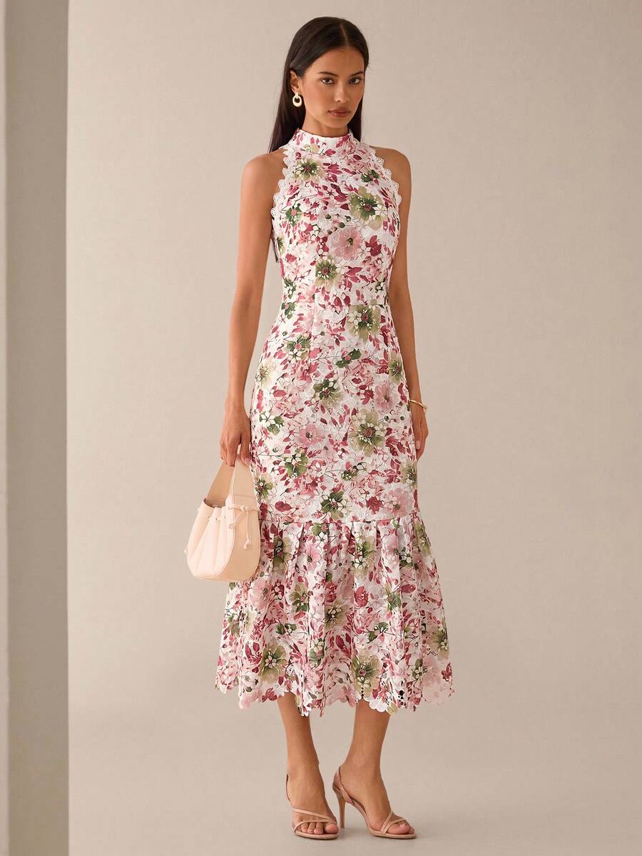 Vestido Midi Bodycon Sem Mangas com Estampa Floral